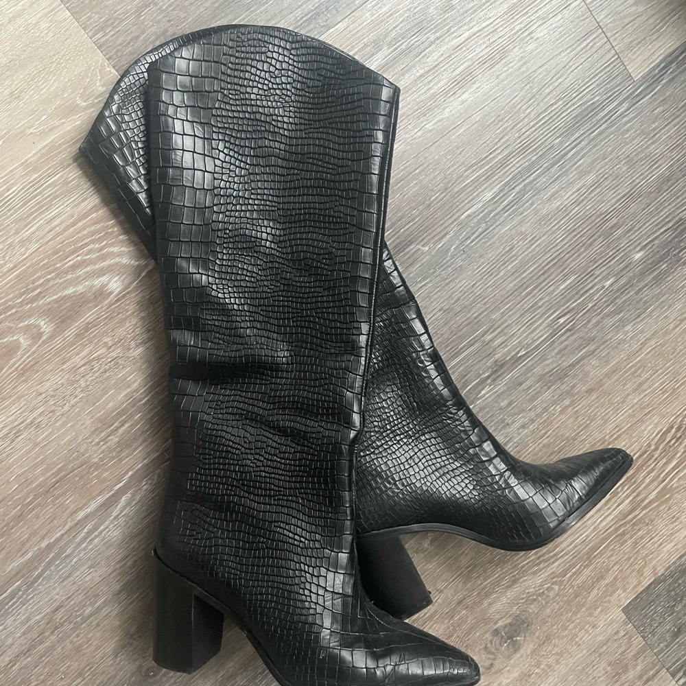 SCHUTZ Black Croc-Embossed Over the Knee Boots
